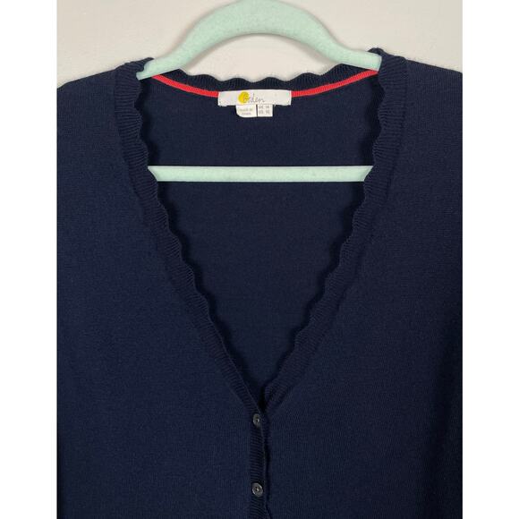 Boden Merino Wool Scallop Trim Cardigan Navy Blue Size 10 Button Front V-Neck - Picture 8 of 13